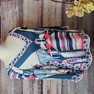 NEW JEALOUS TOMATO CHIFFON ABSTRACT FLARED SLEEVE PULLOVER TUNIC